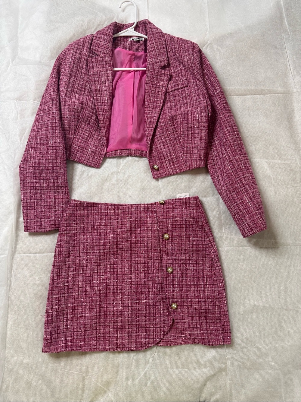 Fashion Nova Fuchsia Tweed Cropped Blazer & Mini Skirt Set